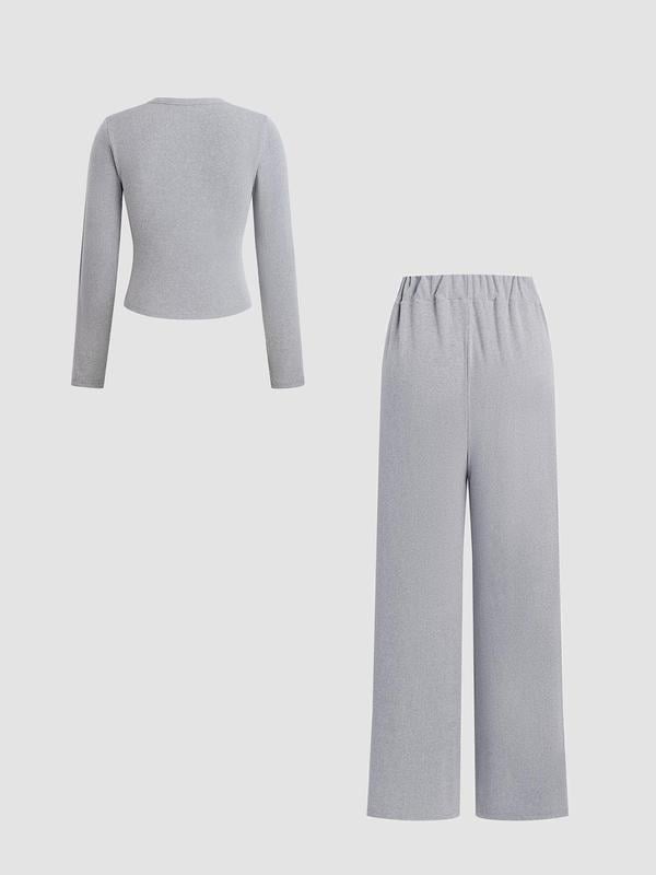 Slim-Fit Long-Sleeve Button-Up Top & Wide-Leg Pants 2-Piece Set