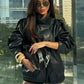 Black faux leather jacket with stand-up collar, oversized motorcycle jacket