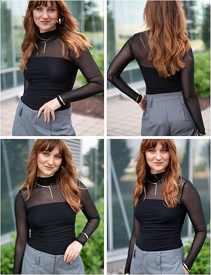 Women's Sparkle Mesh Sheer Long Sleeve Ruched Top