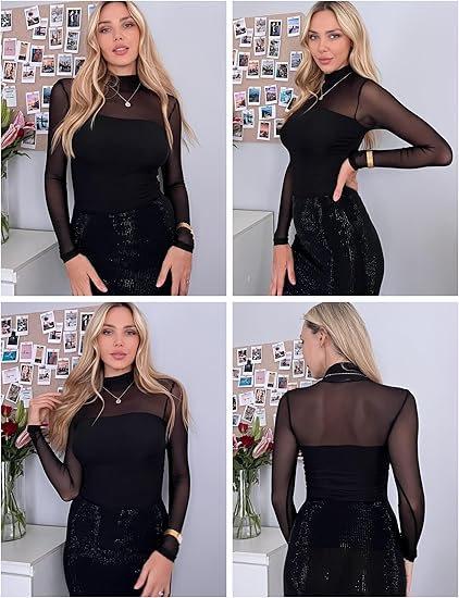 Women's Sparkle Mesh Sheer Long Sleeve Ruched Top