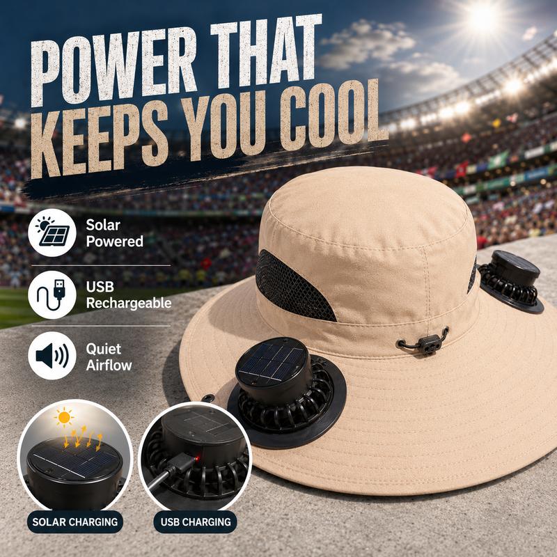 Summer Cooling Fan Hat – Football Viewing USB Rechargeable Bucket Cap with Built-in Air Circulation Fan, Sun Protection for Hiking, Fishing, Camping, Beach, Travel & Outdoor Adventures