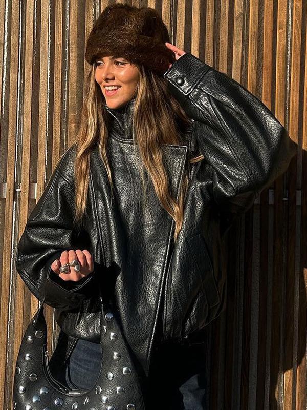 Black faux leather jacket with stand-up collar, oversized motorcycle jacket