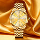 Men's Diamond-Studded Crystal Mirror-Finish Gold Steel Strap Watch