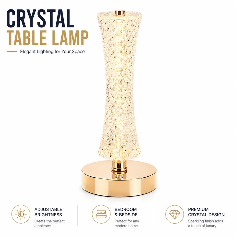 Crystal Table Lamp for Bedroom, Bedside Lamp with Adjustable Brightness, Elegant Home Decor Light for Living Room, Study & Office