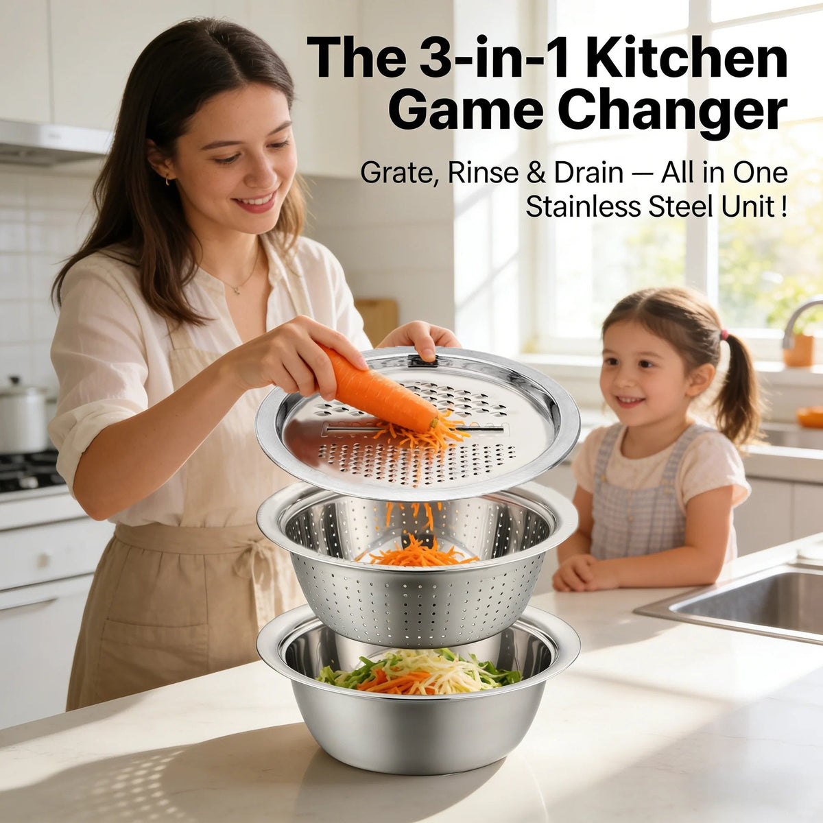 🥗 LIMITED-TIME 50% OFF! ✨ 3-in-1 Stainless Steel Grater Bowl – Multi-function, Space-saving, Easy-clean 🧀