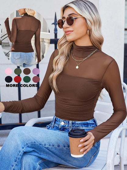 Women's Sparkle Mesh Sheer Long Sleeve Ruched Top