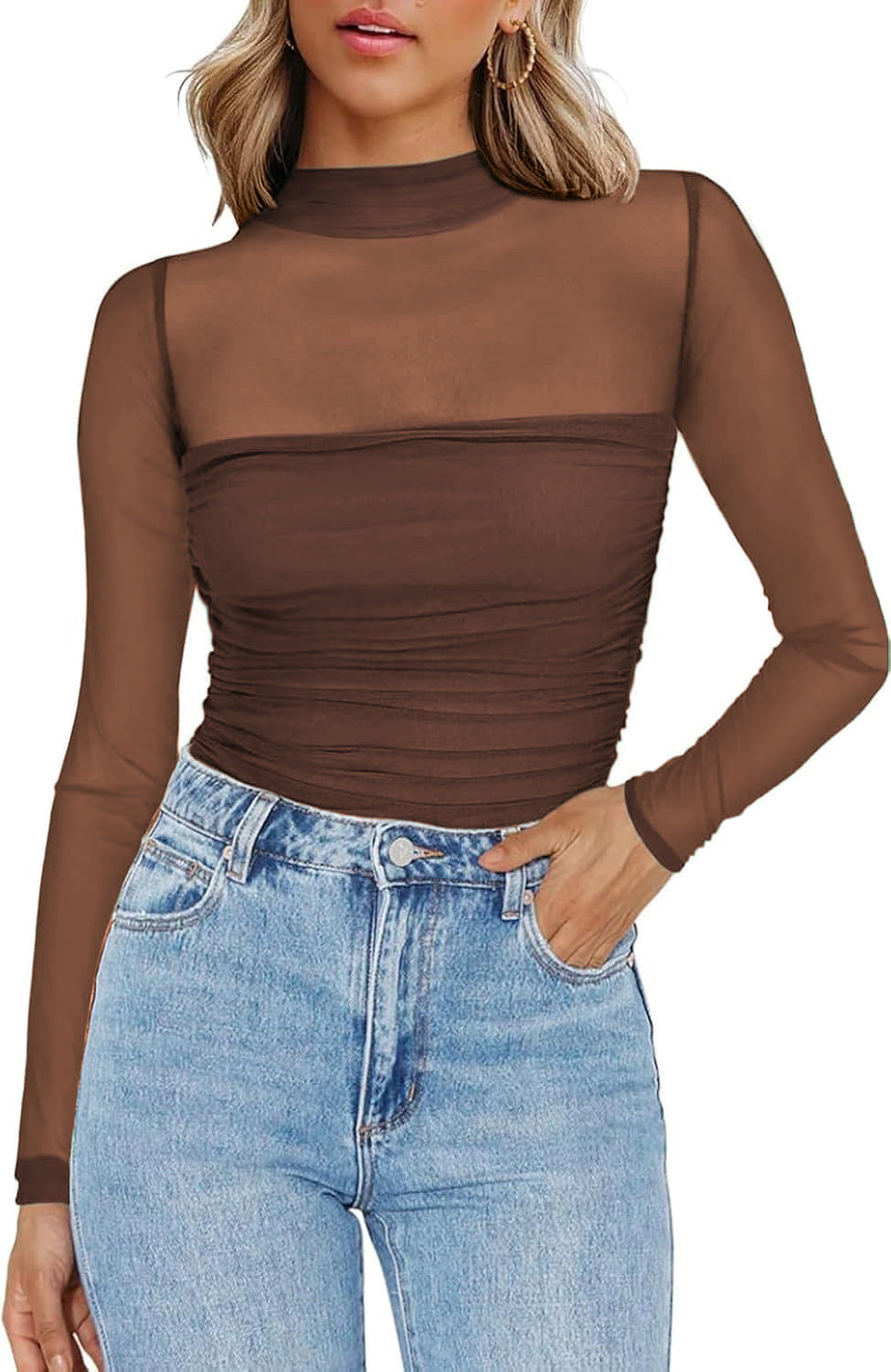 Women's Sparkle Mesh Sheer Long Sleeve Ruched Top