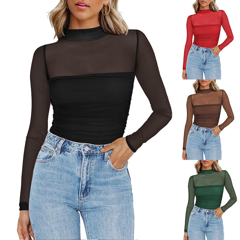 Women's Sparkle Mesh Sheer Long Sleeve Ruched Top