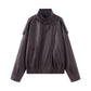 Black faux leather jacket with stand-up collar, oversized motorcycle jacket