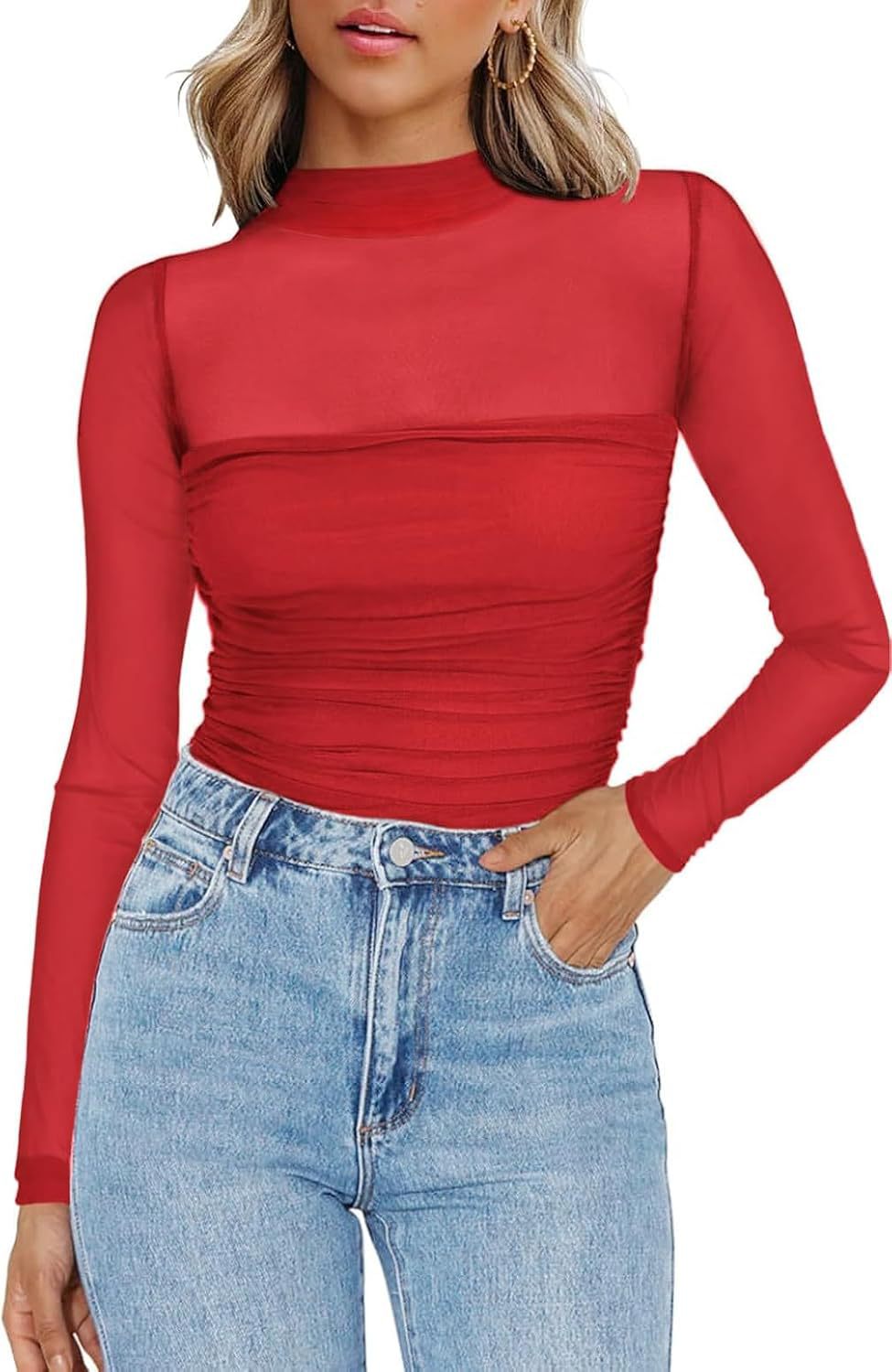 Women's Sparkle Mesh Sheer Long Sleeve Ruched Top