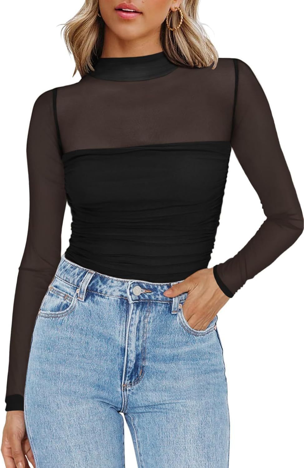 Women's Sparkle Mesh Sheer Long Sleeve Ruched Top