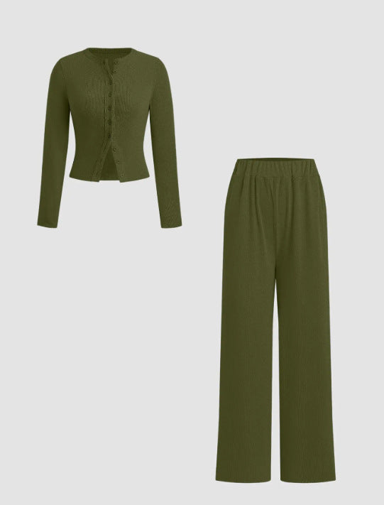 Slim-Fit Long-Sleeve Button-Up Top & Wide-Leg Pants 2-Piece Set