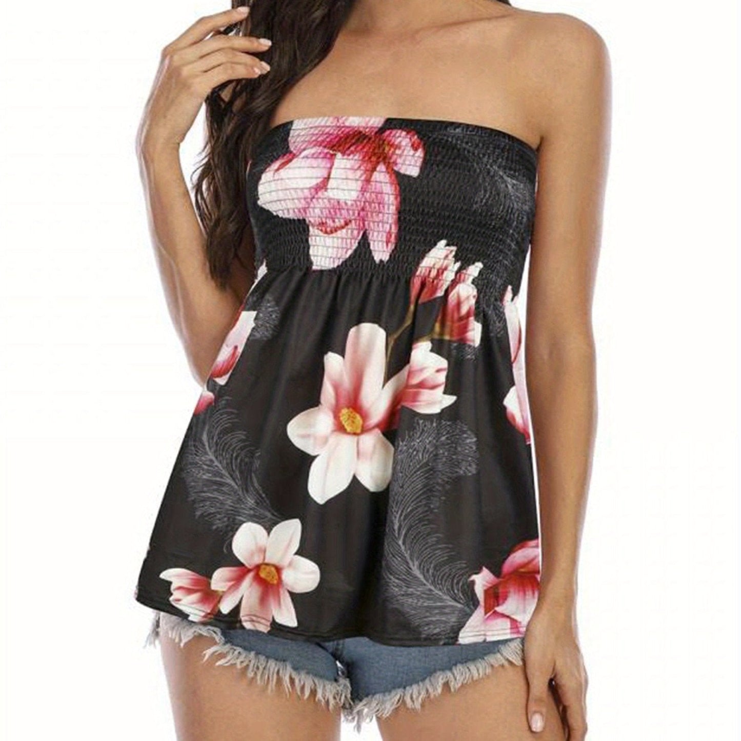 Plus Size Solid Ruffle Hem Shirred Tube Top