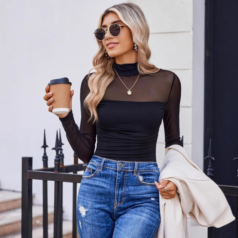 Women's Sparkle Mesh Sheer Long Sleeve Ruched Top