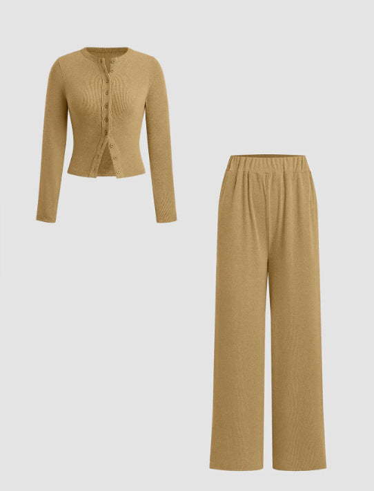 Slim-Fit Long-Sleeve Button-Up Top & Wide-Leg Pants 2-Piece Set