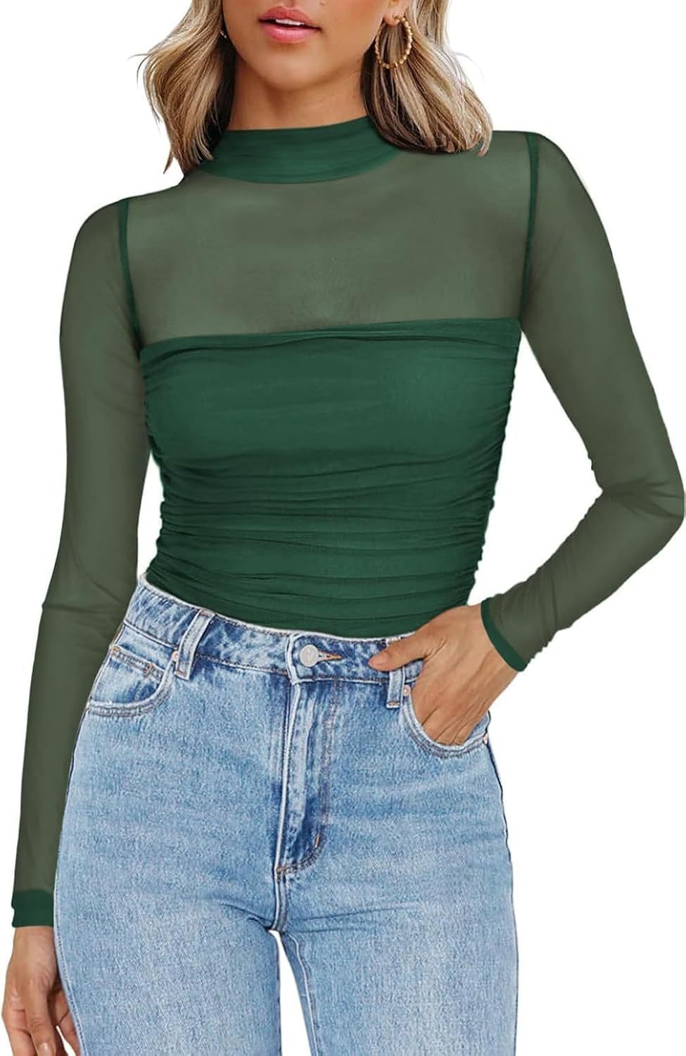 Women's Sparkle Mesh Sheer Long Sleeve Ruched Top