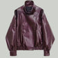 Black faux leather jacket with stand-up collar, oversized motorcycle jacket
