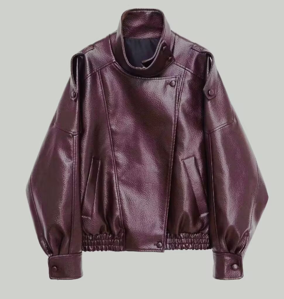 Black faux leather jacket with stand-up collar, oversized motorcycle jacket