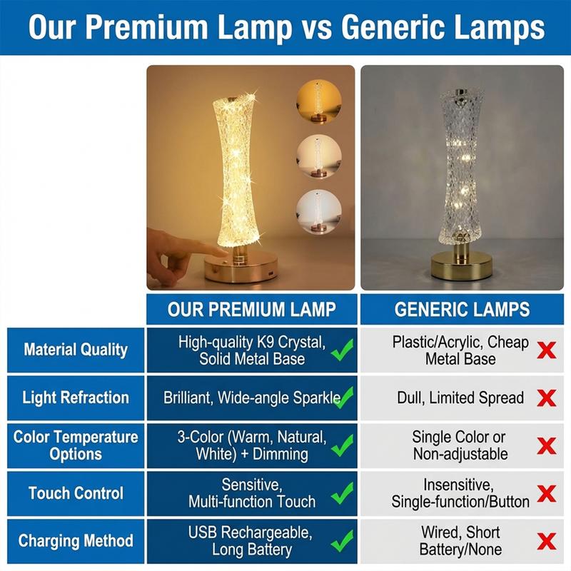 Crystal Table Lamp for Bedroom, Bedside Lamp with Adjustable Brightness, Elegant Home Decor Light for Living Room, Study & Office