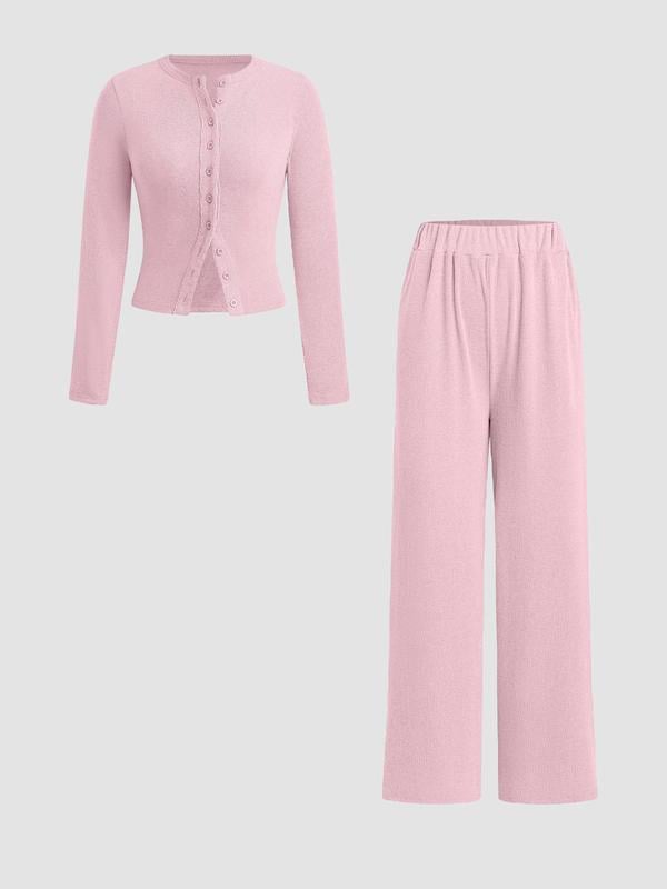 Slim-Fit Long-Sleeve Button-Up Top & Wide-Leg Pants 2-Piece Set