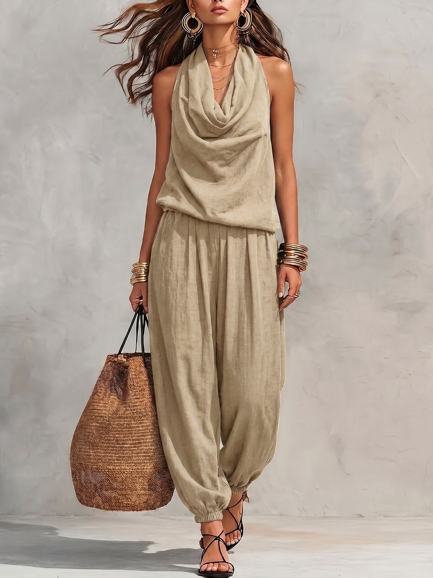 📢📢50% OFF !! ⏰ Sleeveless Cowl Neck Jumpsuit – Halter, Wide-Leg, Elegant 🍷