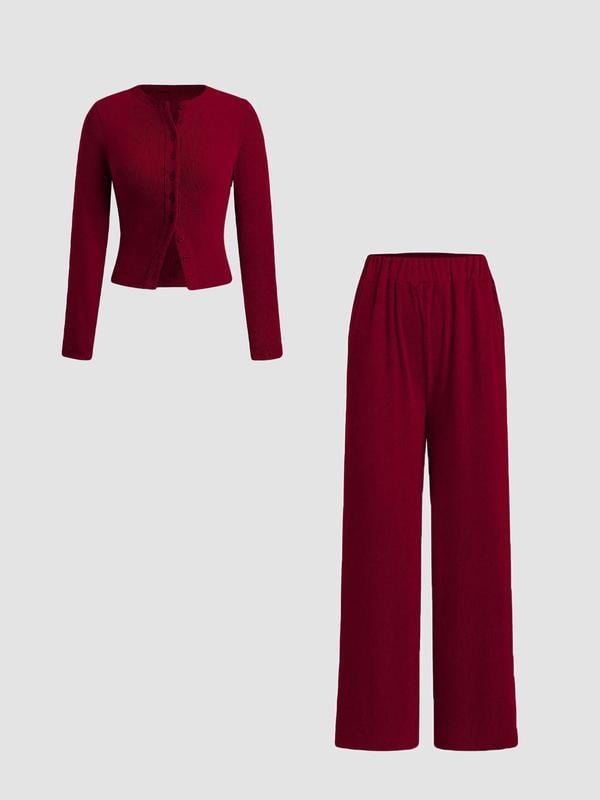 Slim-Fit Long-Sleeve Button-Up Top & Wide-Leg Pants 2-Piece Set