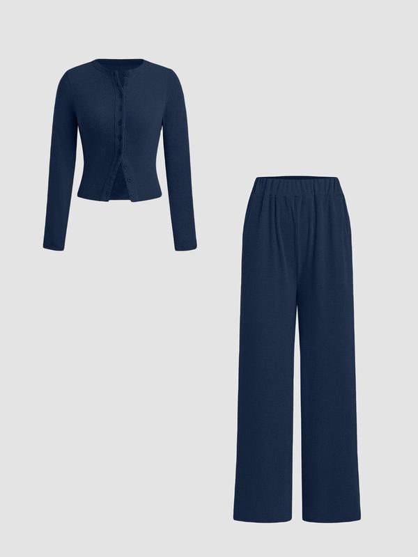 Slim-Fit Long-Sleeve Button-Up Top & Wide-Leg Pants 2-Piece Set