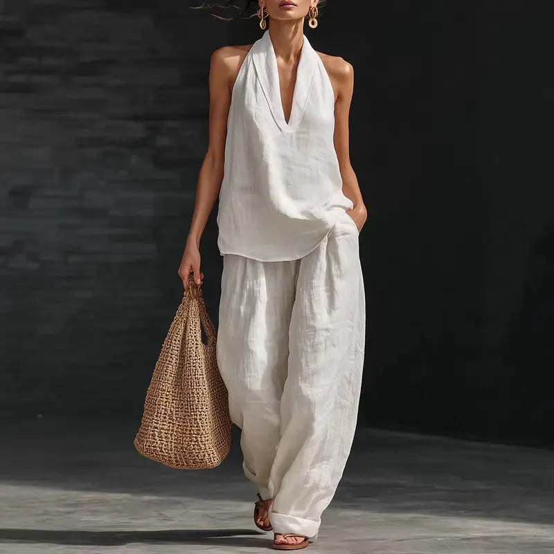 Women's Halter V-Neck Sleeveless Top & Wide Leg Pants 2 Piece Set