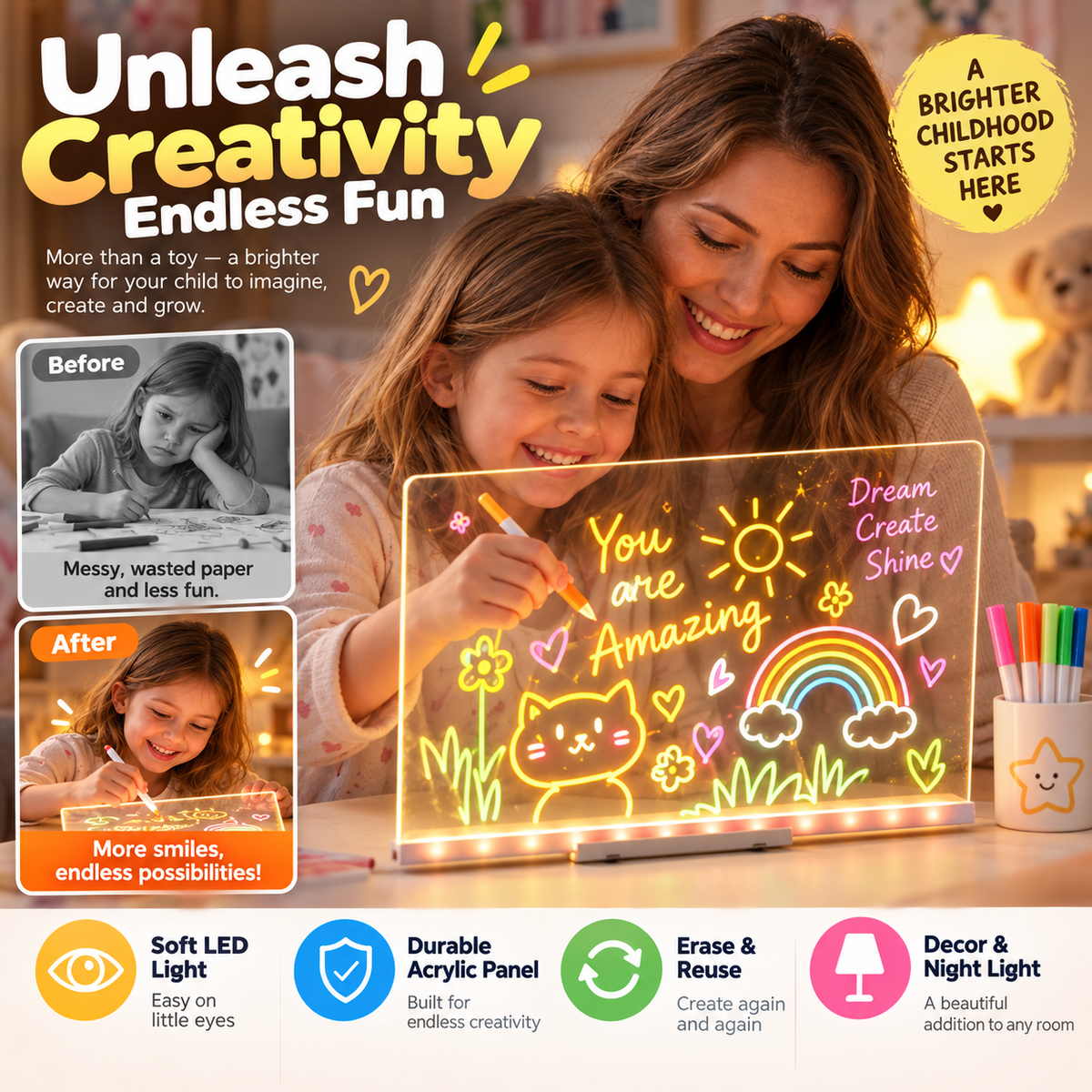 🎄 Christmas Special: 50% OFF | Kids LED Erasable Drawing Board – Reusable Acrylic Night Light 🎨