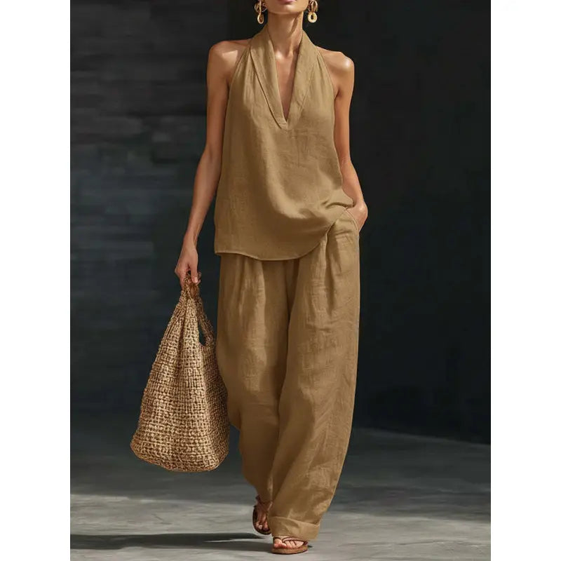 Women's Halter V-Neck Sleeveless Top & Wide Leg Pants 2 Piece Set