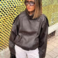 Black faux leather jacket with stand-up collar, oversized motorcycle jacket