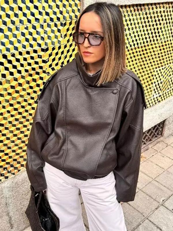 Black faux leather jacket with stand-up collar, oversized motorcycle jacket