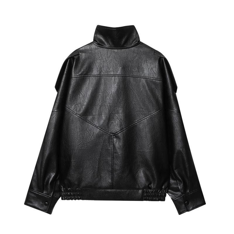 Black faux leather jacket with stand-up collar, oversized motorcycle jacket