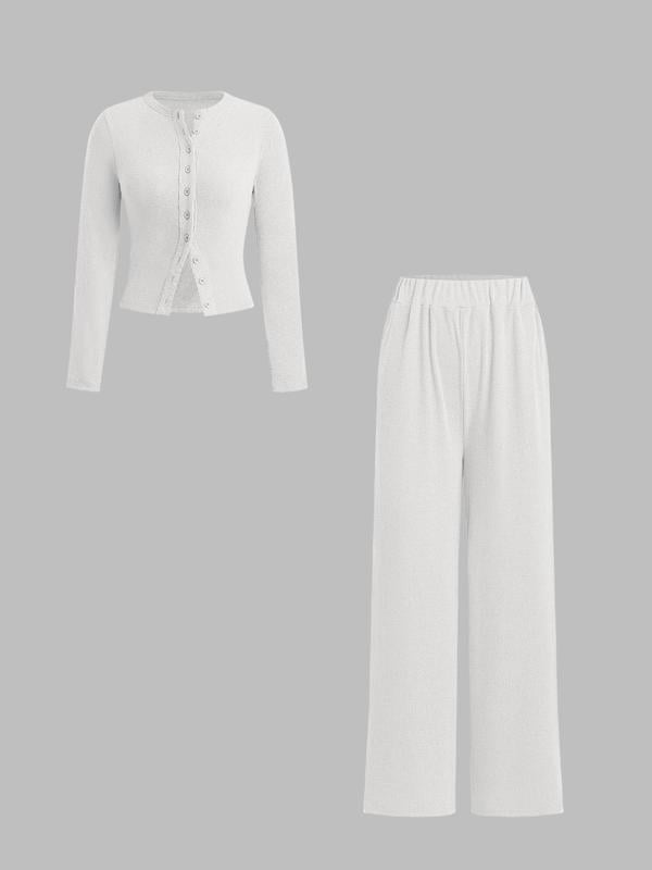 Slim-Fit Long-Sleeve Button-Up Top & Wide-Leg Pants 2-Piece Set