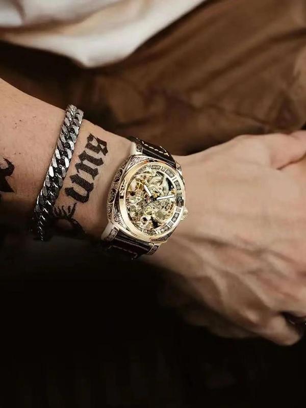 💥Hot Sale 50% Discount⌚Business Fashion Round Dial Leather Strap Analog Mechanical Watch