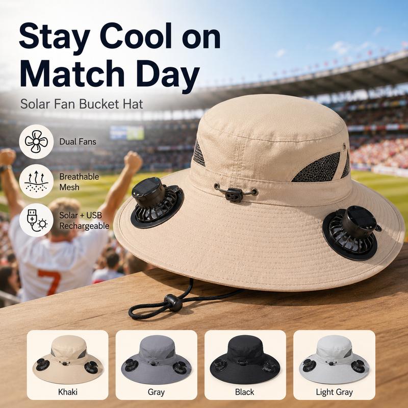 Summer Cooling Fan Hat – Football Viewing USB Rechargeable Bucket Cap with Built-in Air Circulation Fan, Sun Protection for Hiking, Fishing, Camping, Beach, Travel & Outdoor Adventures