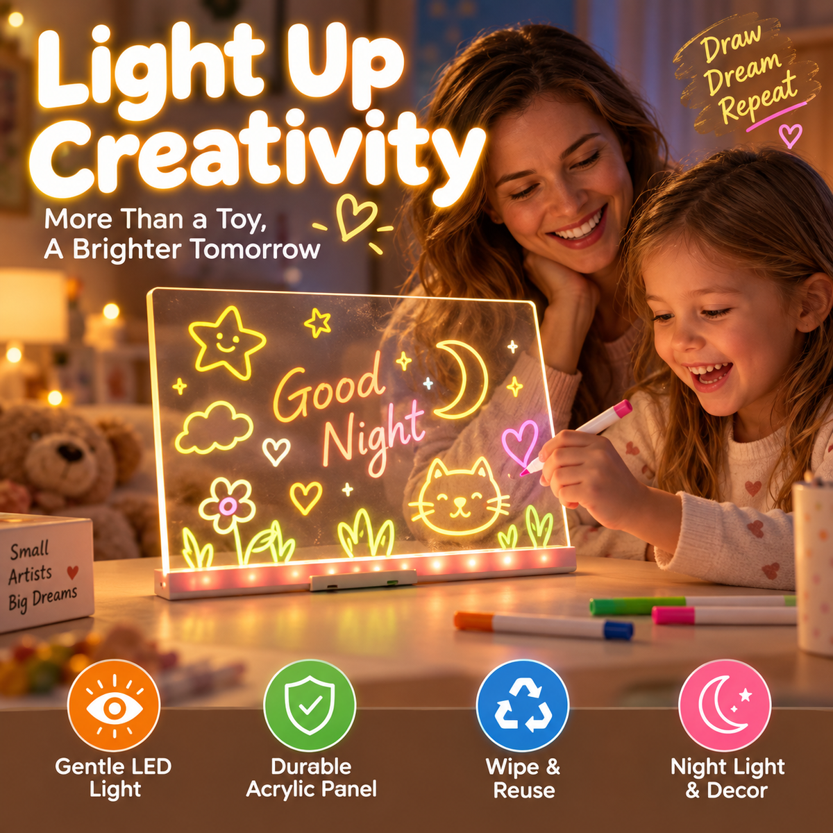 🎄 Christmas Special: 50% OFF | Kids LED Erasable Drawing Board – Reusable Acrylic Night Light 🎨