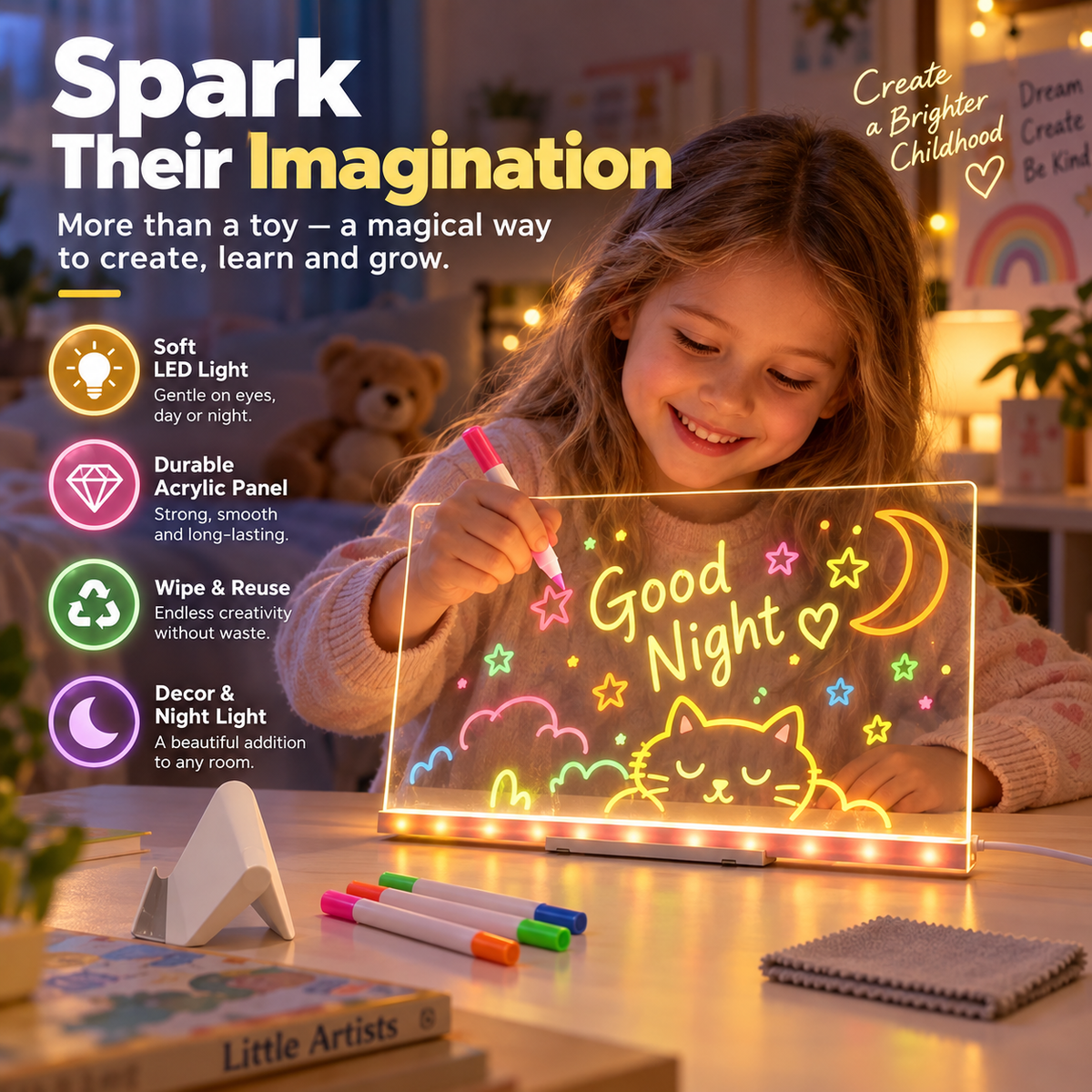 🎄 Christmas Special: 50% OFF | Kids LED Erasable Drawing Board – Reusable Acrylic Night Light 🎨