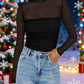 Women's Sparkle Mesh Sheer Long Sleeve Ruched Top