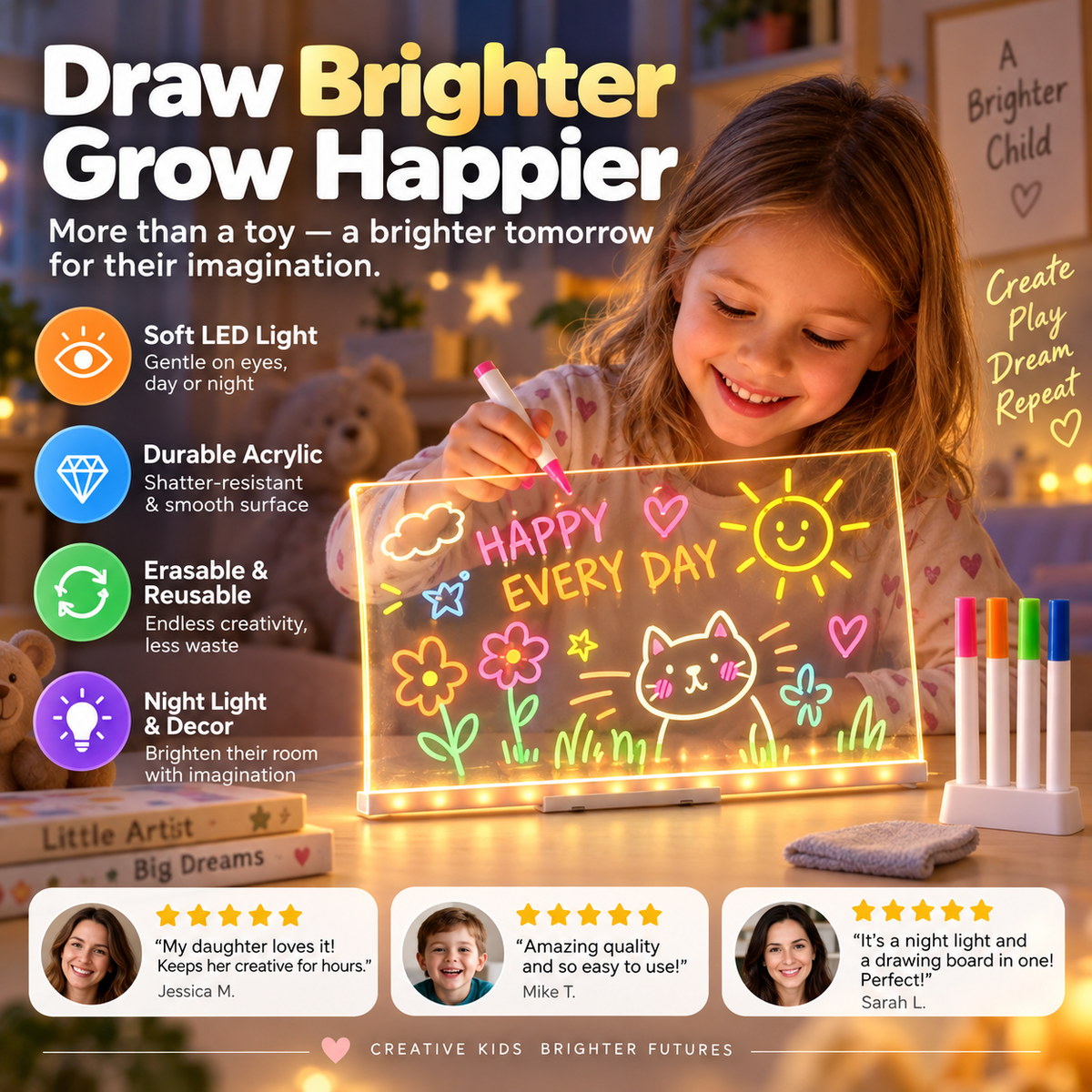 🎄 Christmas Special: 50% OFF | Kids LED Erasable Drawing Board – Reusable Acrylic Night Light 🎨