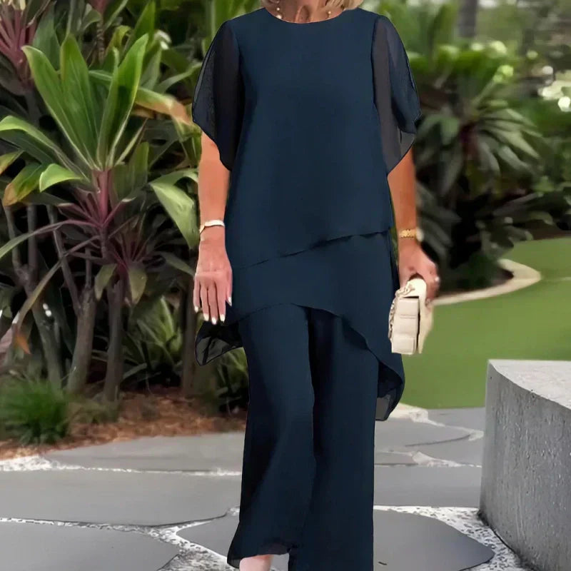 💝Chiffon two-piece set for women – Asymmetrical double-layered top & wide-leg pants – Breathable & elegant for spring & vacations