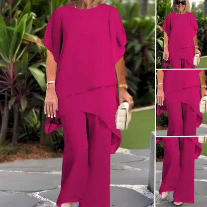 💝Chiffon two-piece set for women – Asymmetrical double-layered top & wide-leg pants – Breathable & elegant for spring & vacations