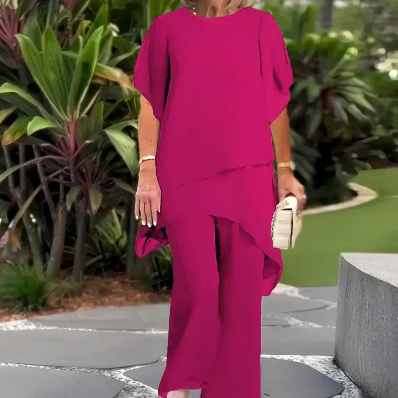 💝Chiffon two-piece set for women – Asymmetrical double-layered top & wide-leg pants – Breathable & elegant for spring & vacations