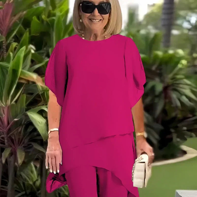 💝Chiffon two-piece set for women – Asymmetrical double-layered top & wide-leg pants – Breathable & elegant for spring & vacations