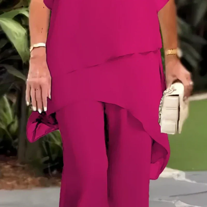💝Chiffon two-piece set for women – Asymmetrical double-layered top & wide-leg pants – Breathable & elegant for spring & vacations