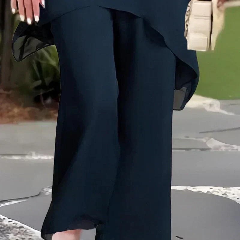 💝Chiffon two-piece set for women – Asymmetrical double-layered top & wide-leg pants – Breathable & elegant for spring & vacations