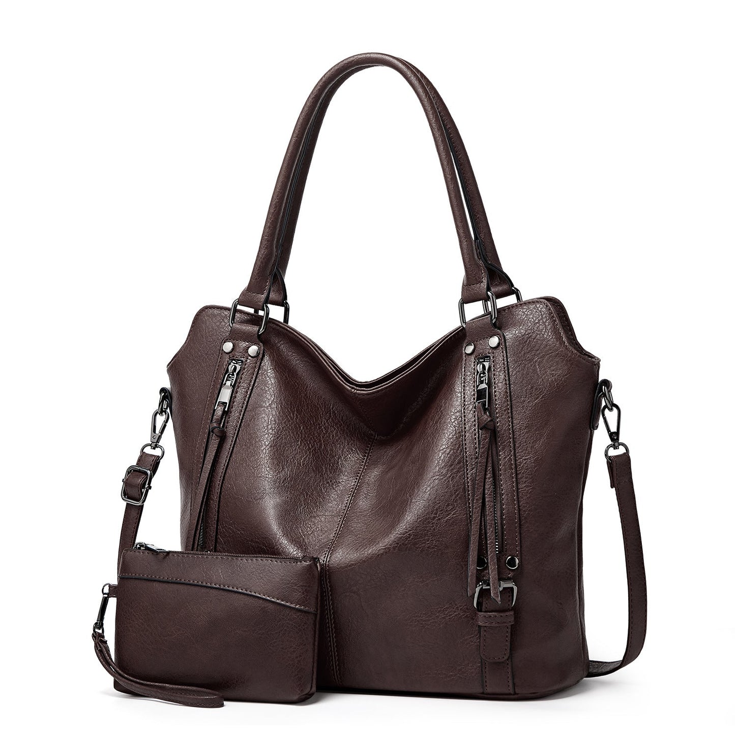 Faux leather shopper, stylish women's shoulder bag with a zipper, trendy wallet set