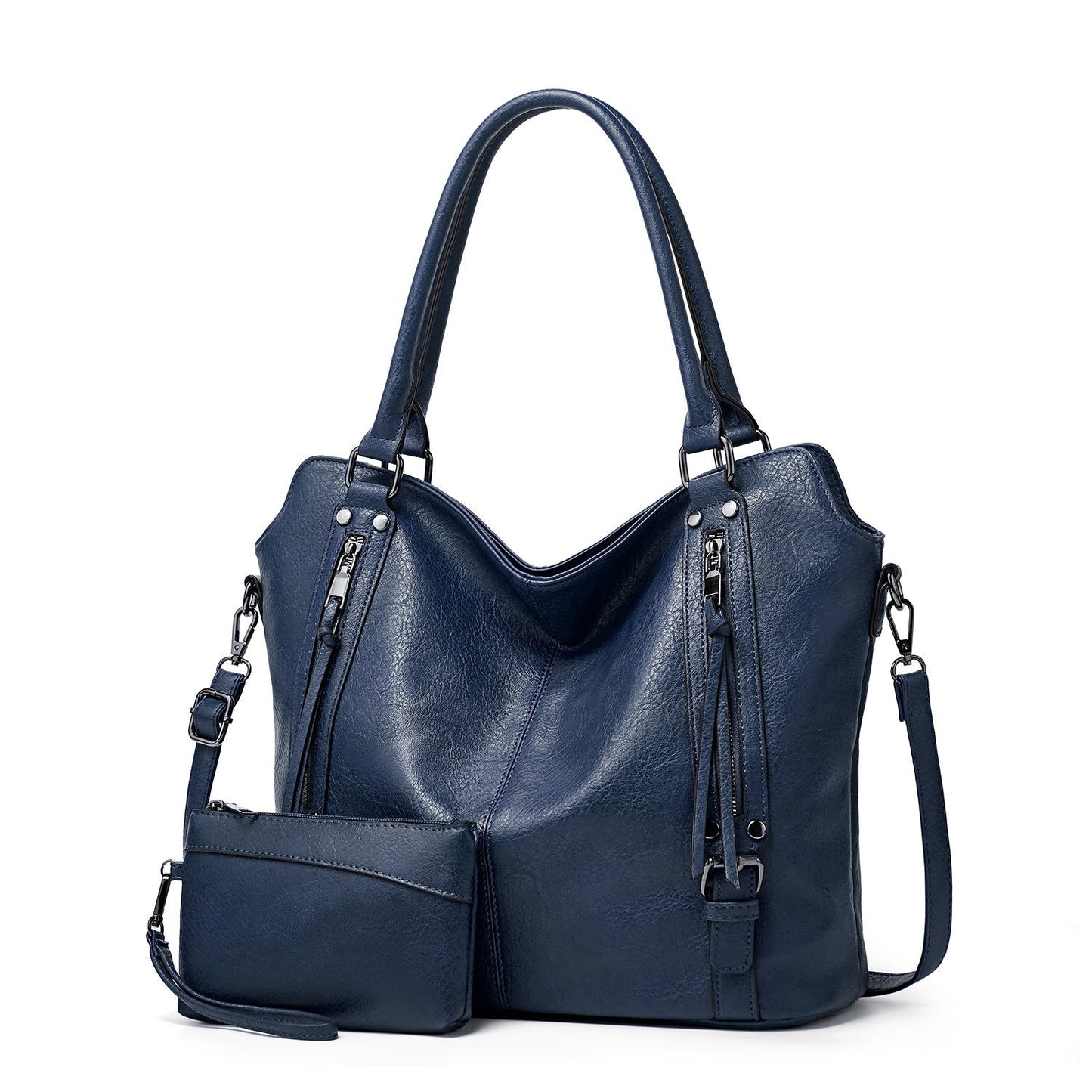Faux leather shopper, stylish women's shoulder bag with a zipper, trendy wallet set