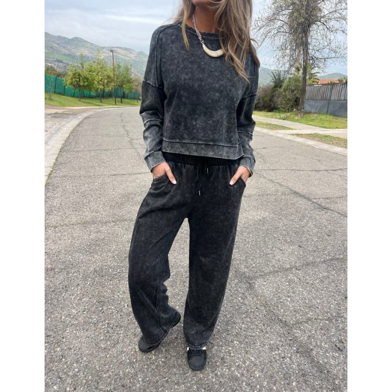 Vintage Washed Pullover Cropped Hoodie & Pants Set