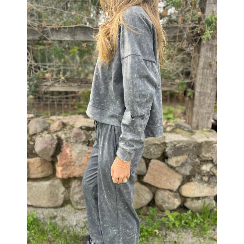 Vintage Washed Pullover Cropped Hoodie & Pants Set